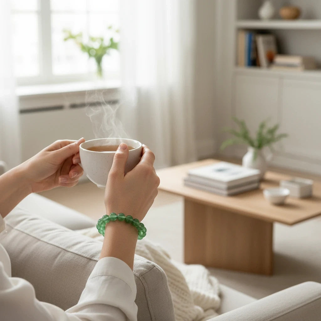 Shri Divya Ratan natural green aventurine crystal bead bracelet worn on a wrist while holding a steaming cup of tea.