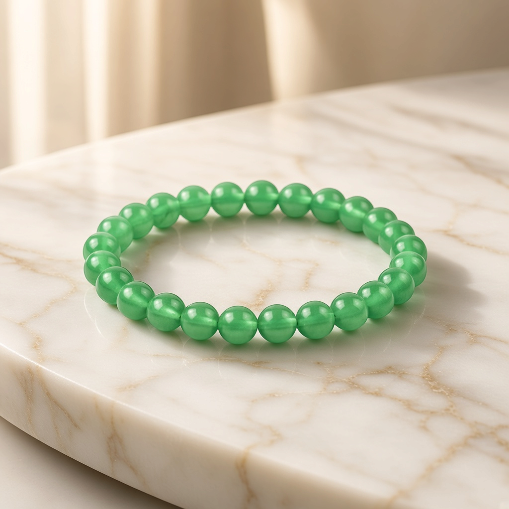 Shri Divya Ratan natural green aventurine crystal bead bracelet on a white marble surface