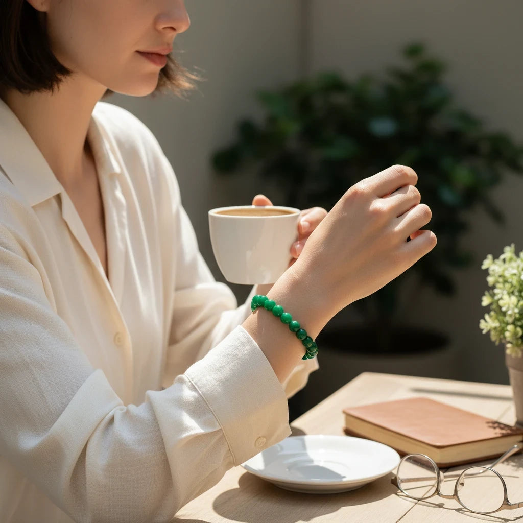 Woman wearing a Shri Divya Ratan natural green jade bead bracelet while holding a coffee cup at a table