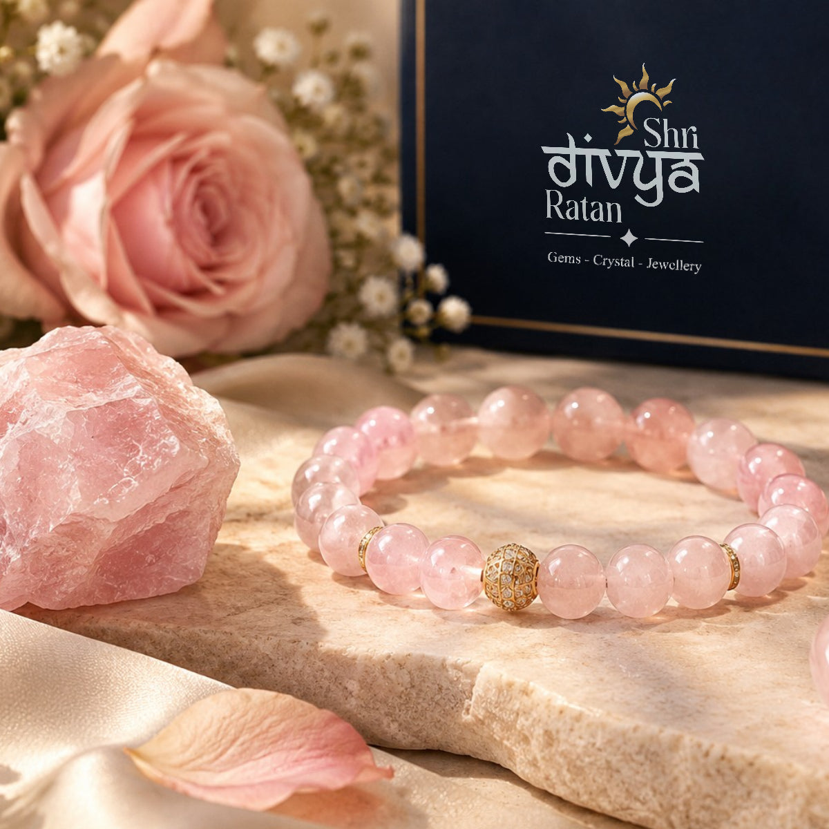 Rose quartz crystals and jewellery styled with a Shri Divya Ratan luxury box for love and relationships.