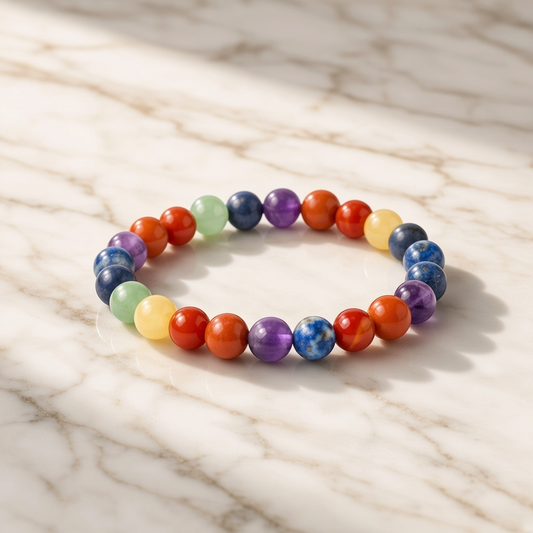 Shri Divya Ratan 7 chakra bracelet featuring 8mm natural gemstone beads for spiritual healing on a marble surface.