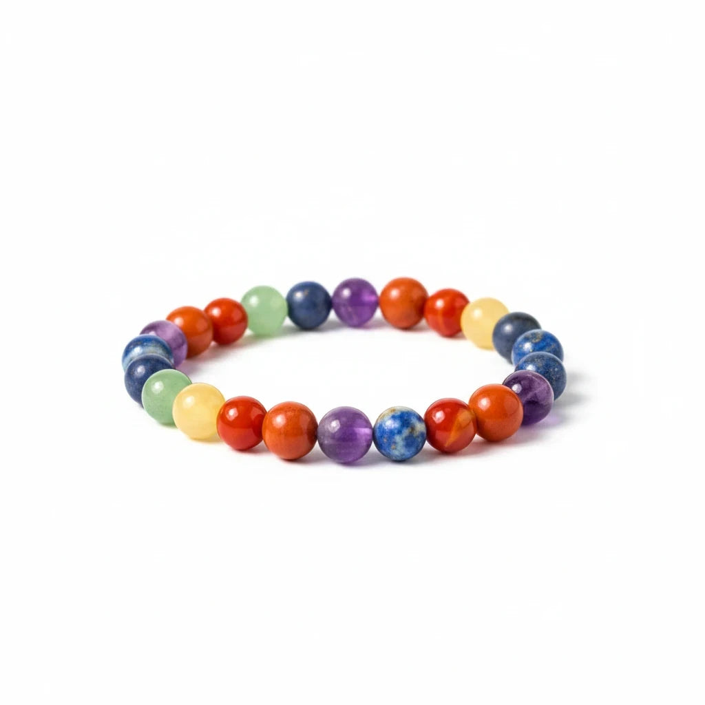 Shri Divya Ratan 7 chakra bracelet featuring 8mm natural gemstone beads for spiritual healing and energy balance