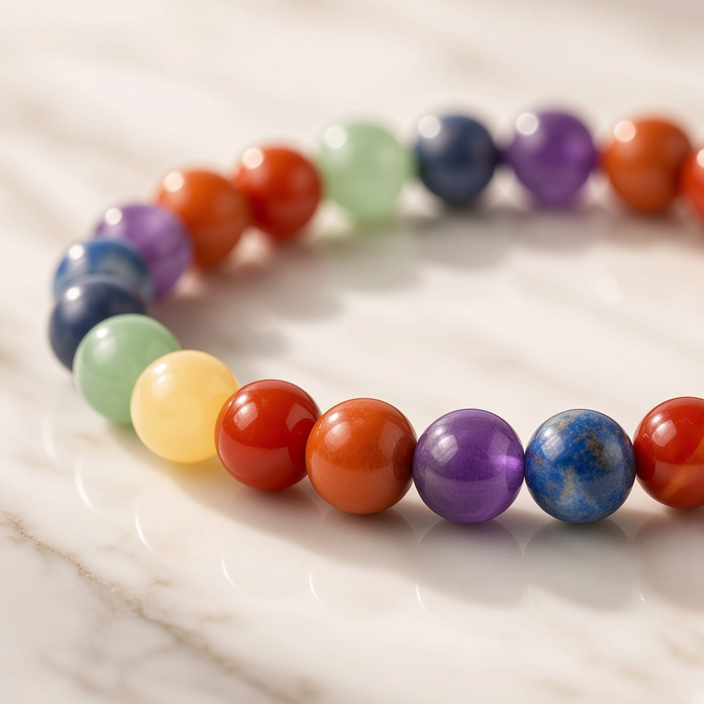 Shri Divya Ratan 7 Chakra bracelet featuring 8mm natural gemstone beads in vibrant colors on a marble surface.