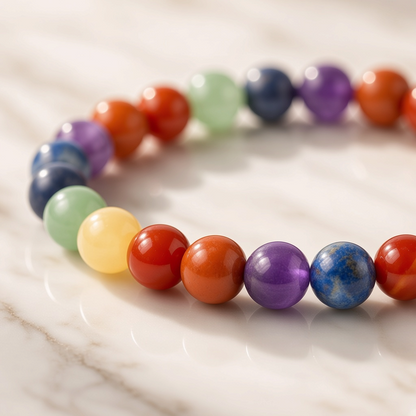 Shri Divya Ratan 7 Chakra bracelet featuring 8mm natural gemstone beads in vibrant colors on a marble surface.
