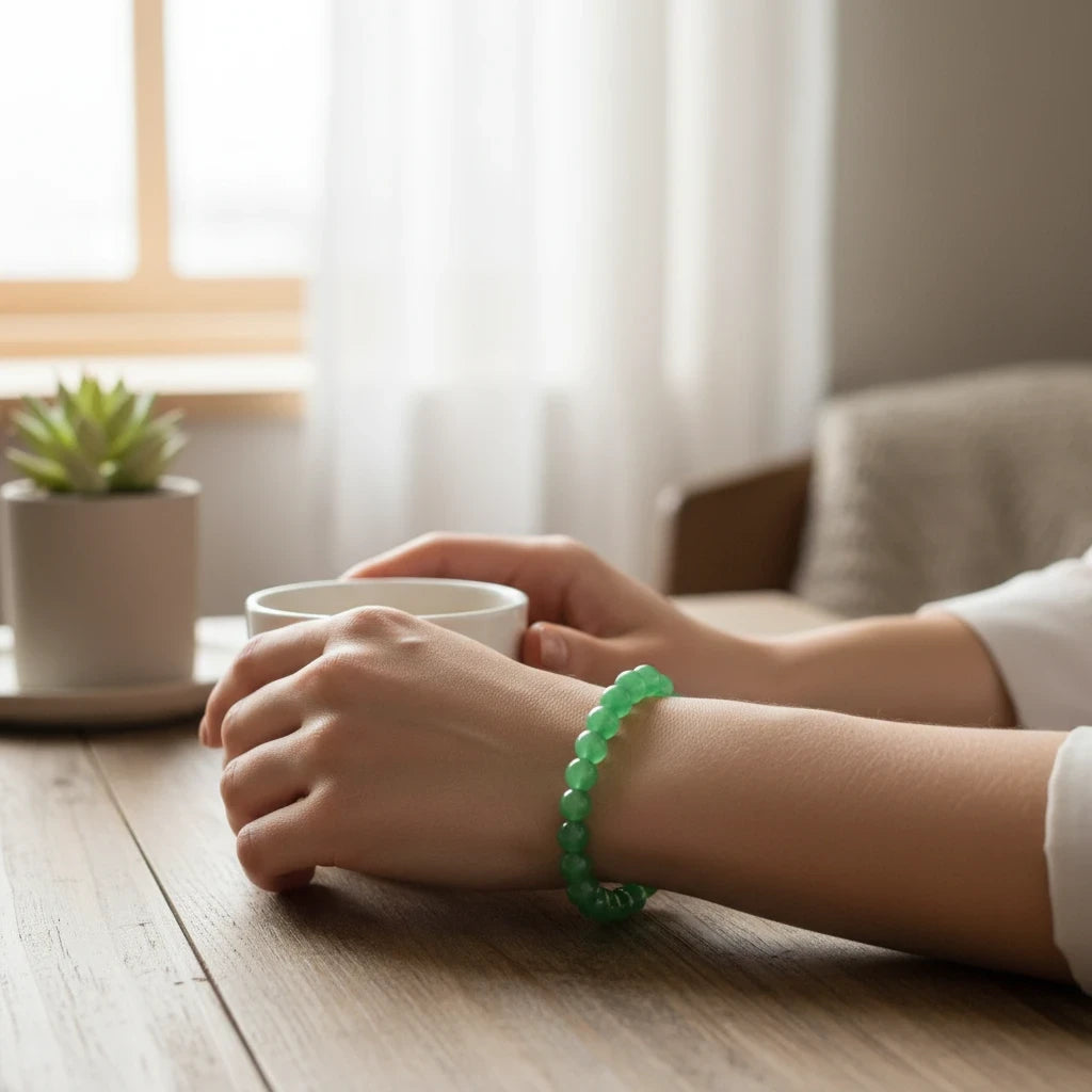 Shri Divya Ratan green aventurine crystal bead bracelet worn on a person's wrist while holding a white ceramic cup.