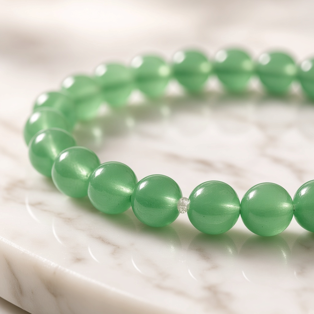 Shri Divya Ratan natural green aventurine crystal bead bracelet on a white marble surface