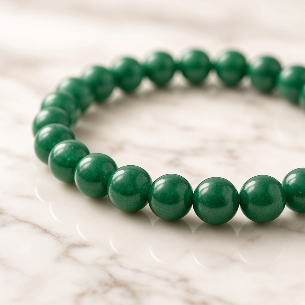 Shri Divya Ratan natural green jade beaded bracelet with 8mm round stones on a white marble surface