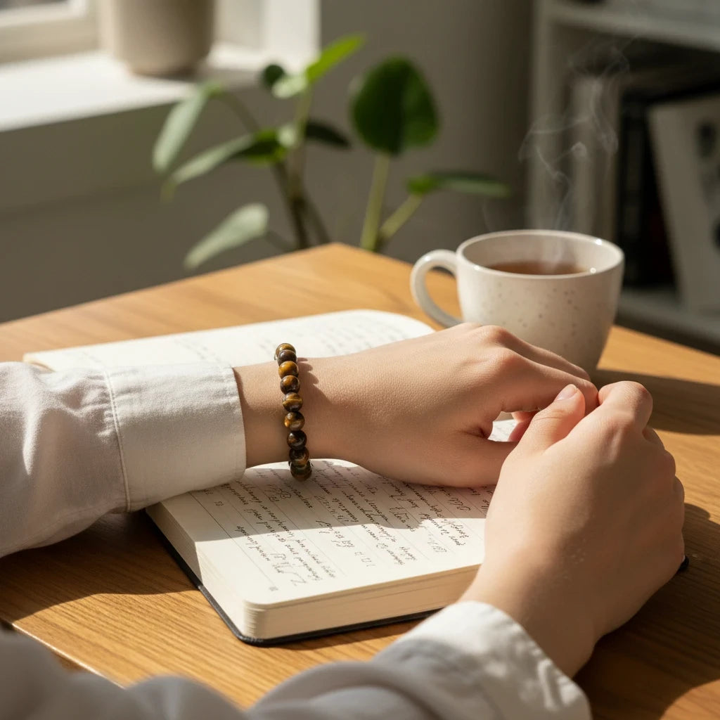 Shri Divya Ratan natural 8mm Tiger Eye crystal bead bracelet worn on a wrist while writing in a notebook